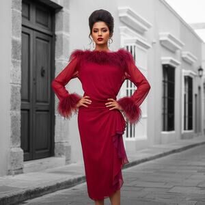 Vintage 1980s Mignon Cocktail dress Red with ostrich feathers
Size XS